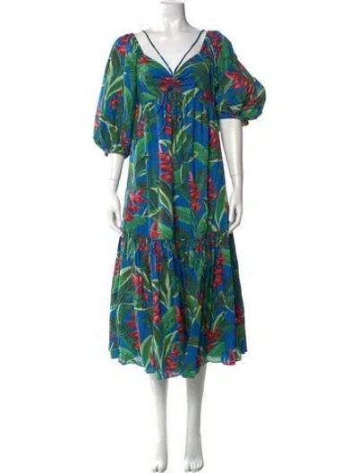 Pre-owned Farm Rio Floral Print Midi Length Dress In Blue