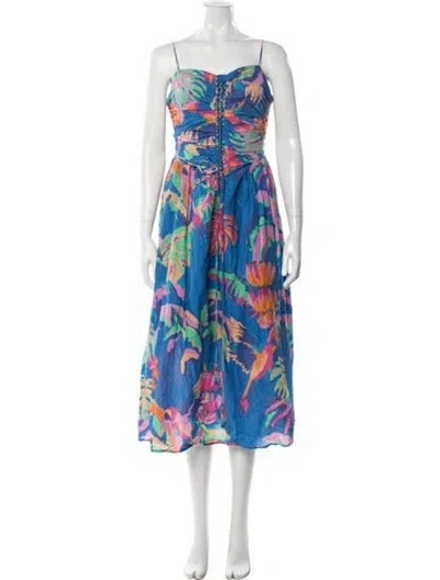 Pre-owned Farm Rio Floral Print Midi Length Dress In Blue