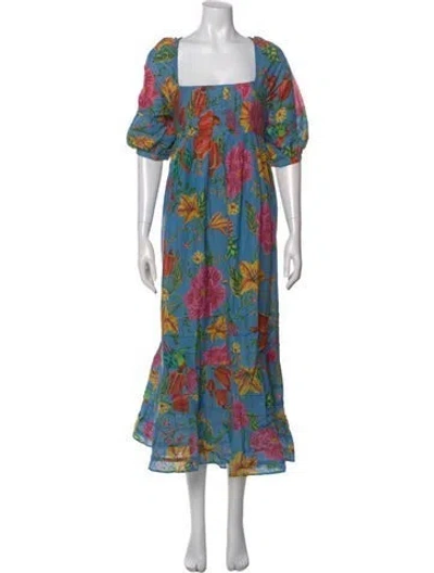 Pre-owned Farm Rio Floral Print Midi Length Dress In Blue