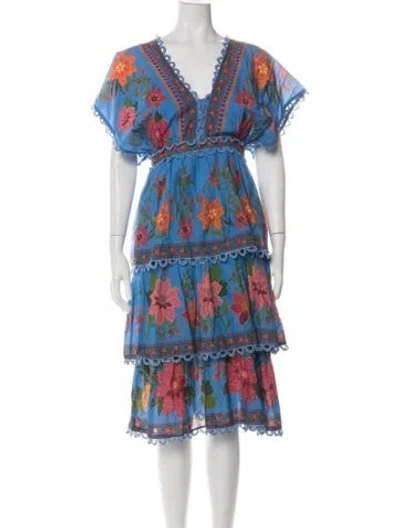 Pre-owned Farm Rio Floral Print Midi Length Dress In Blue