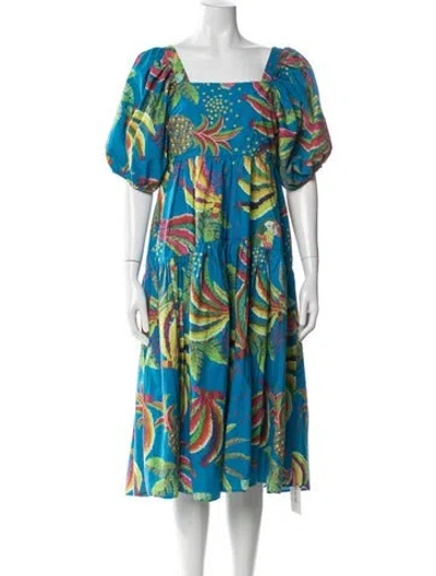 Pre-owned Farm Rio Floral Print Midi Length Dress In Blue