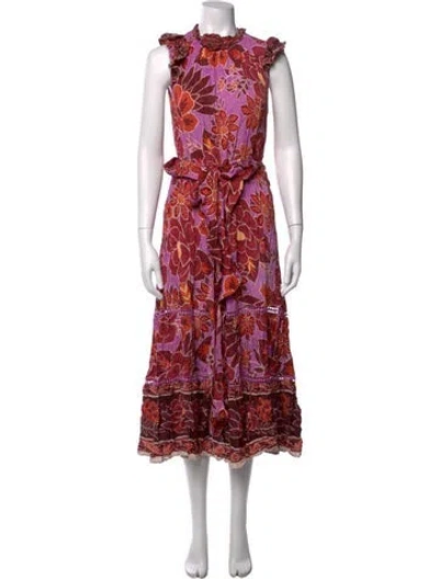 Pre-owned Farm Rio Floral Print Midi Length Dress In Burgundy