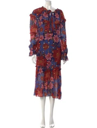 Pre-owned Farm Rio Floral Print Midi Length Dress In Red