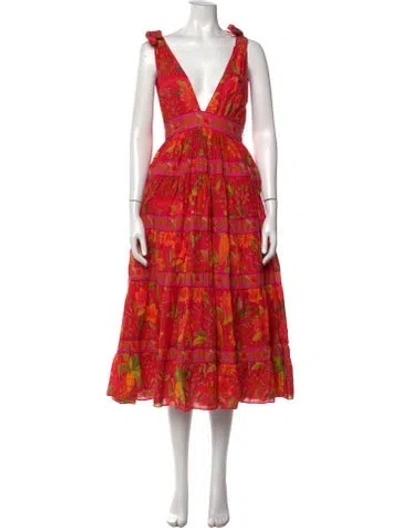 Pre-owned Farm Rio Floral Print Midi Length Dress In Red