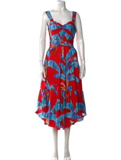 Pre-owned Farm Rio Floral Print Midi Length Dress In Red