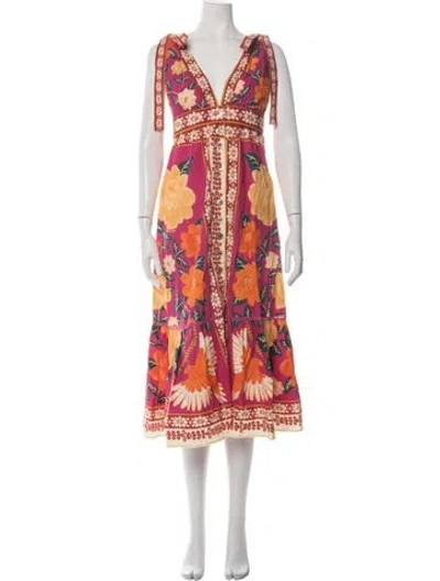Pre-owned Farm Rio Floral Print Midi Length Dress In Red