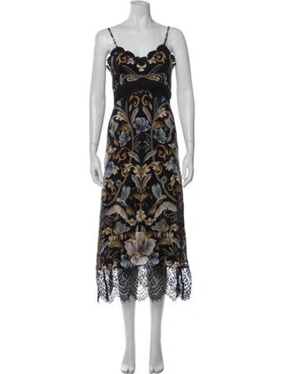 Pre-owned Farm Rio Floral Print Midi Length Dress W/ Tags In Black