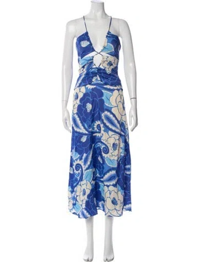 Pre-owned Farm Rio Floral Print Midi Length Dress W/ Tags In Blue