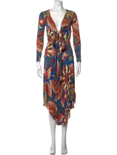 Pre-owned Farm Rio Floral Print Midi Length Dress W/ Tags In Blue