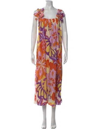 Pre-owned Farm Rio Floral Print Midi Length Dress W/ Tags In Orange