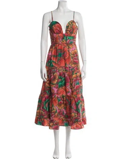 Pre-owned Farm Rio Floral Print Midi Length Dress W/ Tags In Red