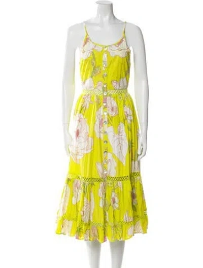 Pre-owned Farm Rio Floral Print Midi Length Dress W/ Tags In Yellow