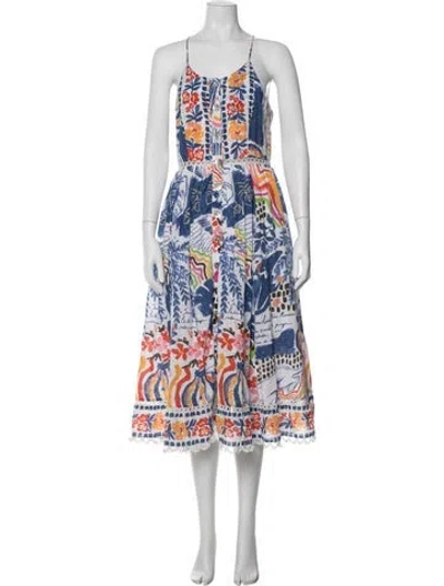 Pre-owned Farm Rio Floral Print Midi Length Dress In White