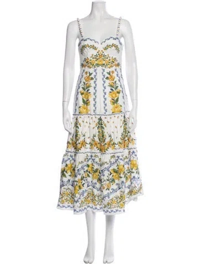 Pre-owned Farm Rio Floral Print Midi Length Dress In White
