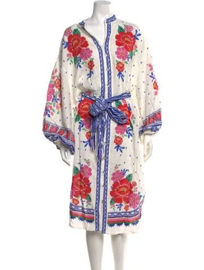 Pre-owned Farm Rio Floral Print Midi Length Dress In White