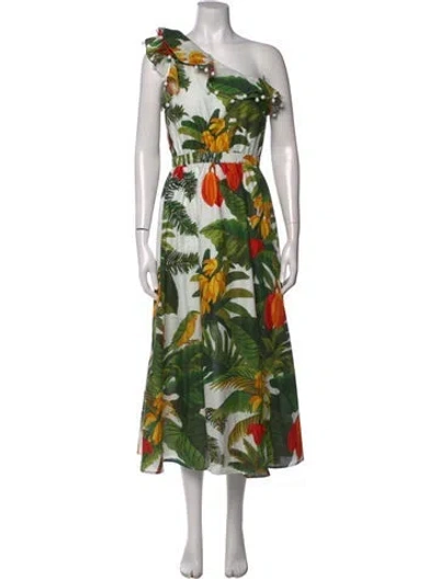 Pre-owned Farm Rio Floral Print Midi Length Dress In White