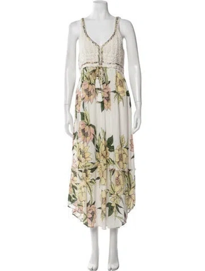 Pre-owned Farm Rio Floral Print Midi Length Dress In White