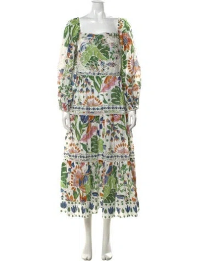 Pre-owned Farm Rio Floral Print Midi Length Dress In White