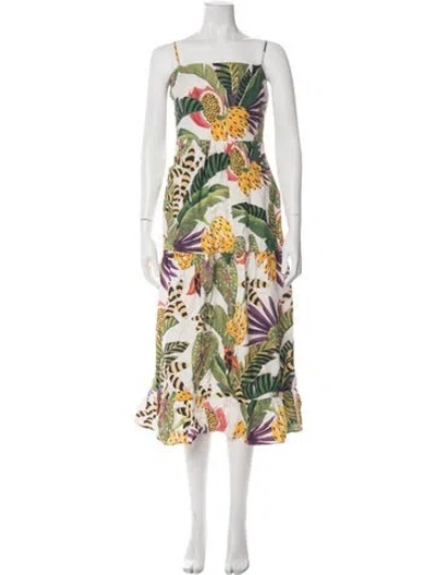 Pre-owned Farm Rio Floral Print Midi Length Dress In White