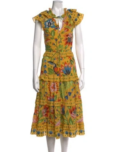 Pre-owned Farm Rio Floral Print Midi Length Dress In Yellow