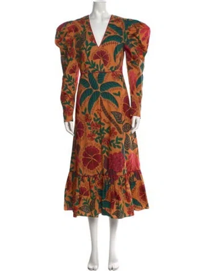 Pre-owned Farm Rio Floral Print Midi Length Dress In Yellow