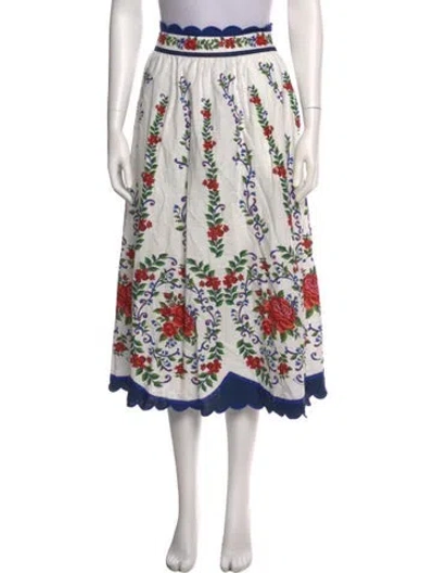 Pre-owned Farm Rio Floral Print Midi Length Skirt In White