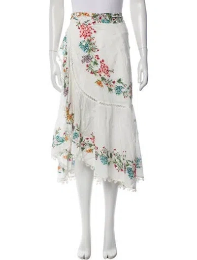 Pre-owned Farm Rio Floral Print Midi Length Skirt In White