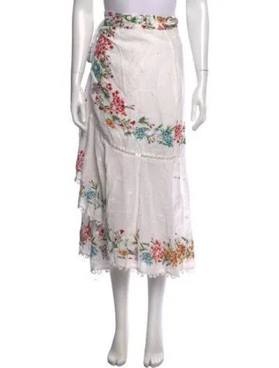 Pre-owned Farm Rio Floral Print Midi Length Skirt In White