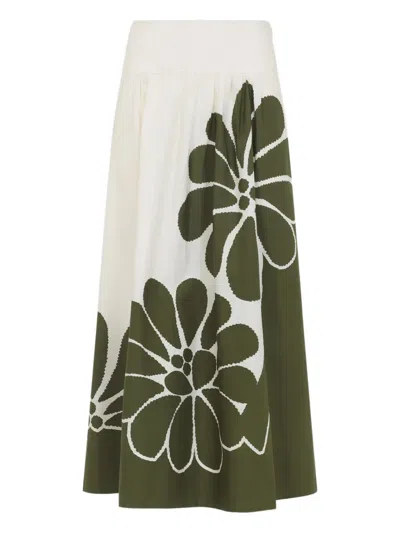 Farm Rio Palermo Maxi Skirt With Green Print In White