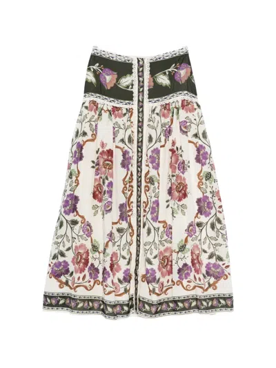 Farm Rio Natural Skirt With Flowers And Buttons In Multi
