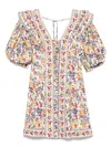 Farm Rio Greek Garden Linen Blend Short-sleeve V-neck Mini Dress In Neutrals