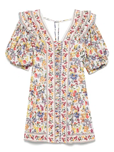 Farm Rio Floral-print Mini Dress In Neutrals