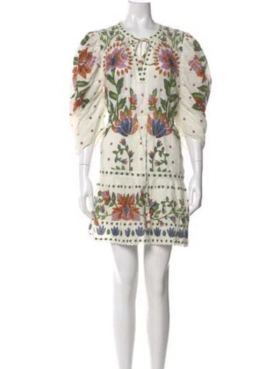 Pre-owned Farm Rio Floral Print Mini Dress In White