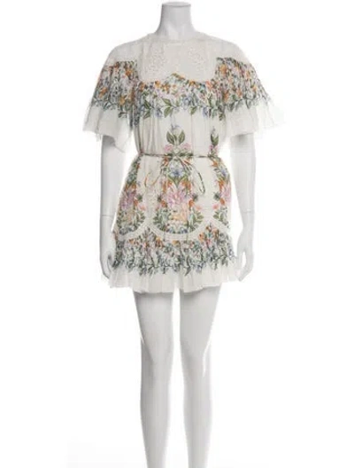 Pre-owned Farm Rio Floral Print Mini Dress In White