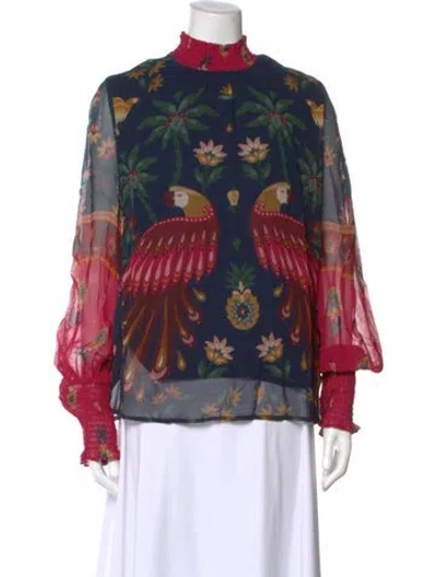Pre-owned Farm Rio Floral Print Mock Neck Blouse In Blue