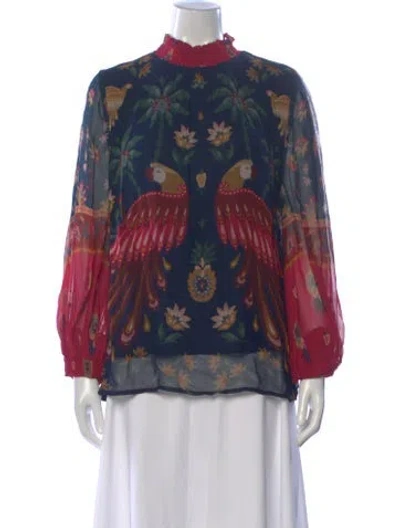 Pre-owned Farm Rio Floral Print Mock Neck Blouse In Blue