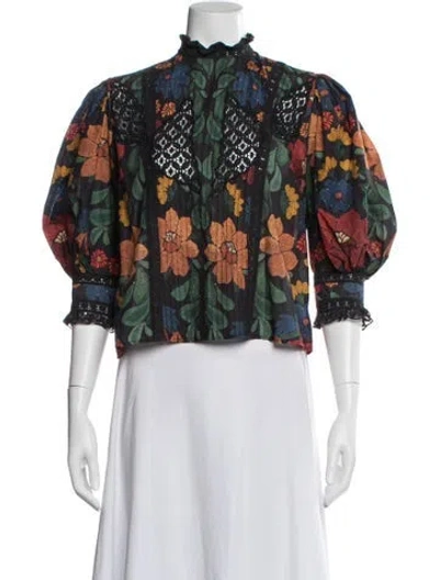 Pre-owned Farm Rio Floral Print Mock Neck Blouse In Blue