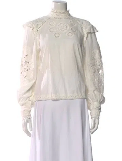 Pre-owned Farm Rio Floral Print Mock Neck Blouse In Neutral