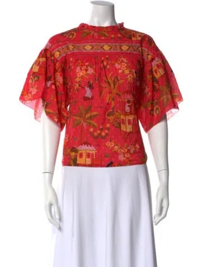 Pre-owned Farm Rio Floral Print Mock Neck Blouse In Red