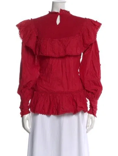 Pre-owned Farm Rio Floral Print Mock Neck Blouse In Red