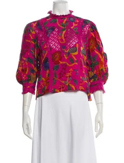 Pre-owned Farm Rio Floral Print Mock Neck Blouse W/ Tags In Red