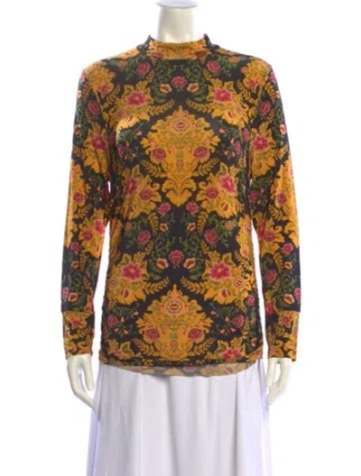 Pre-owned Farm Rio Floral Print Mock Neck Blouse In Yellow