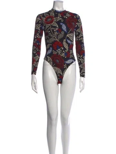 Pre-owned Farm Rio Floral Print Mock Neck Bodysuit In Black