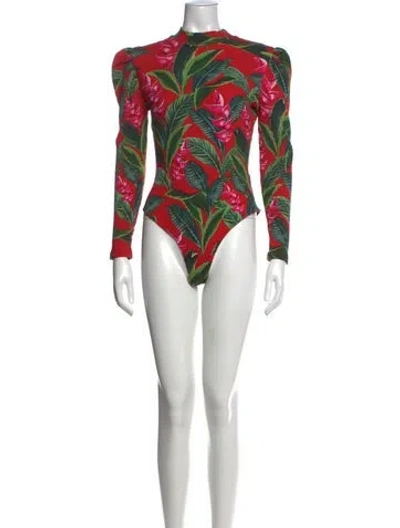 Pre-owned Farm Rio Floral Print Mock Neck Bodysuit In Black