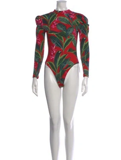 Pre-owned Farm Rio Floral Print Mock Neck Bodysuit In Black