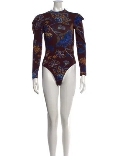 Pre-owned Farm Rio Floral Print Mock Neck Bodysuit In Black