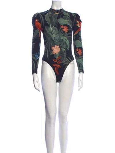 Pre-owned Farm Rio Floral Print Mock Neck Bodysuit In Blue