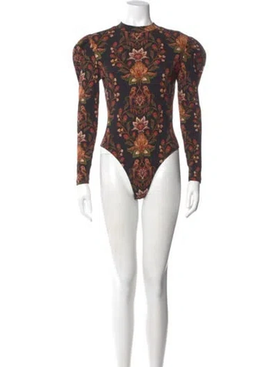 Pre-owned Farm Rio Floral Print Mock Neck Bodysuit In Green