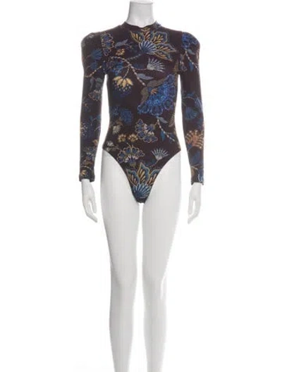 Pre-owned Farm Rio Floral Print Mock Neck Bodysuit In Green