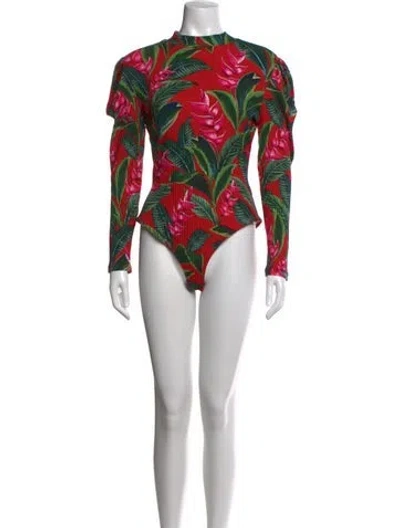 Pre-owned Farm Rio Floral Print Mock Neck Bodysuit In Green